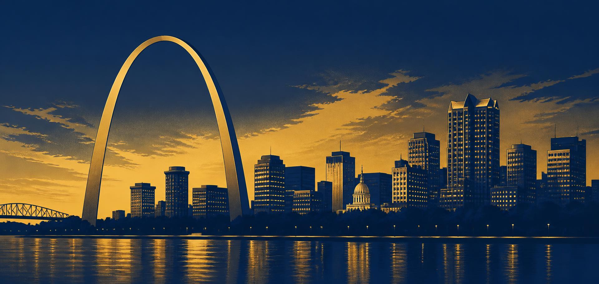 Illustrated St. Louis skyline with the Gateway Arch at dusk